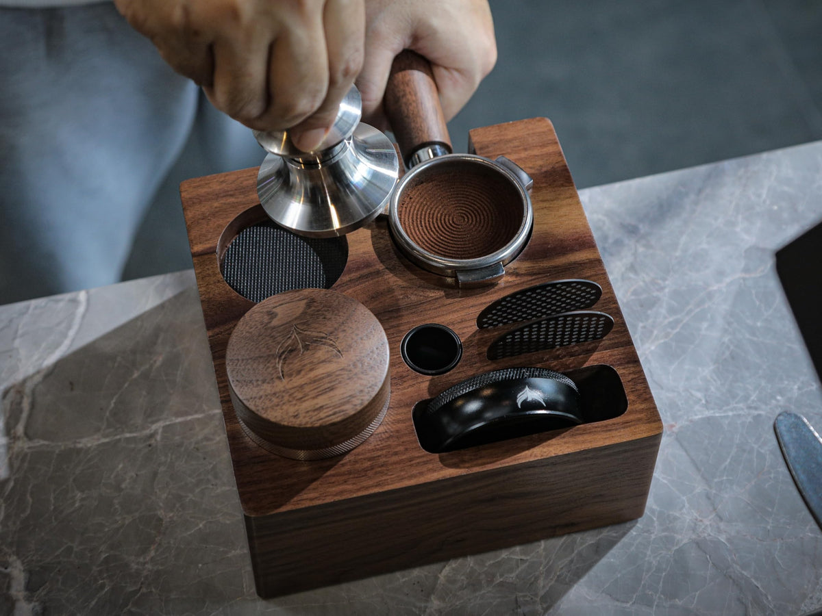 KNODOS walnut tamping station tool holders keep tamper and distributor within easy reach