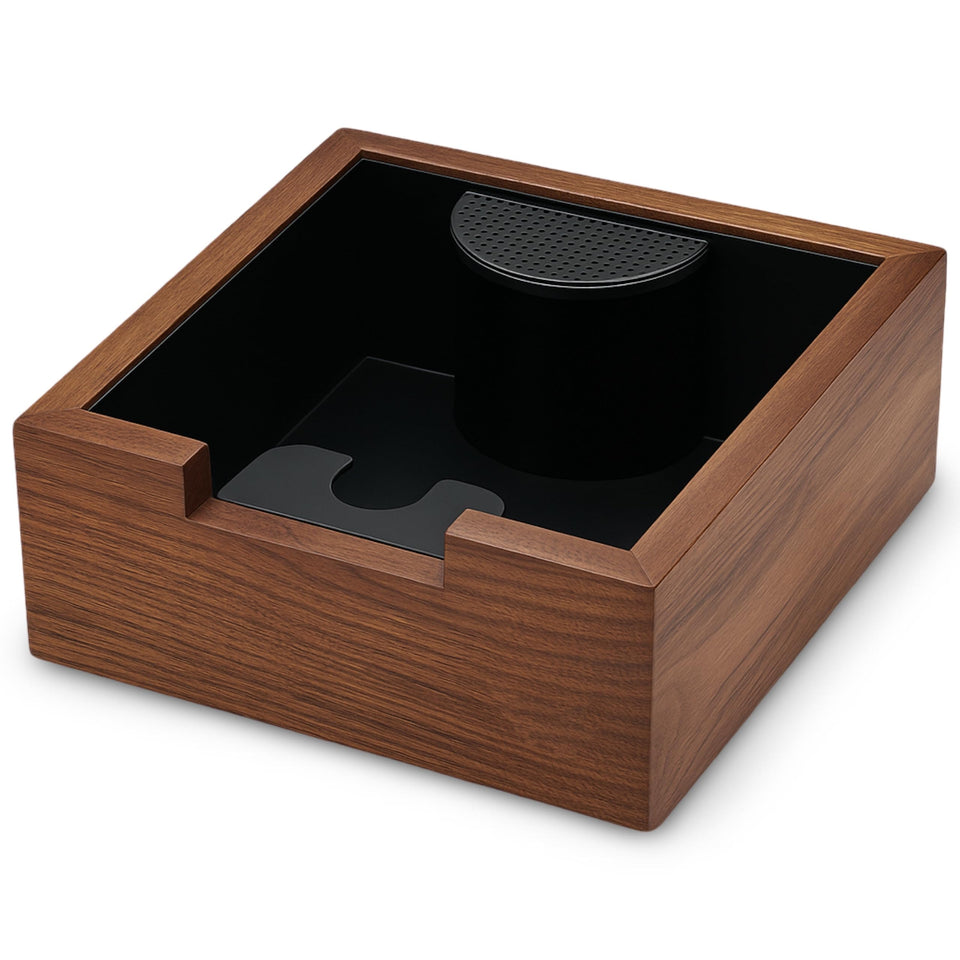KNODOS wooden espresso knock box front view highlights walnut finish for a stylish counter