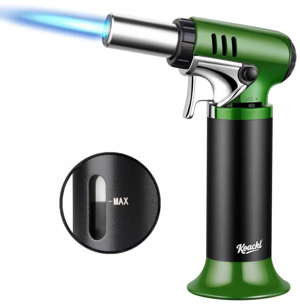 KOACKL refillable butane torch shows the fuel gauge for precise refills.