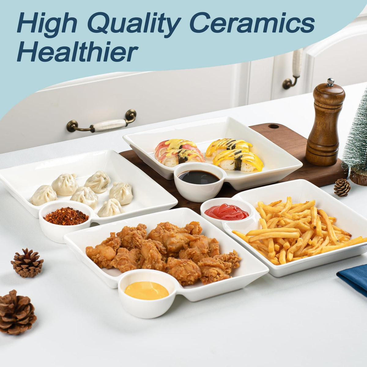KOBIKOBI 8-inch divided plates great for burgers, fries, and condiments.