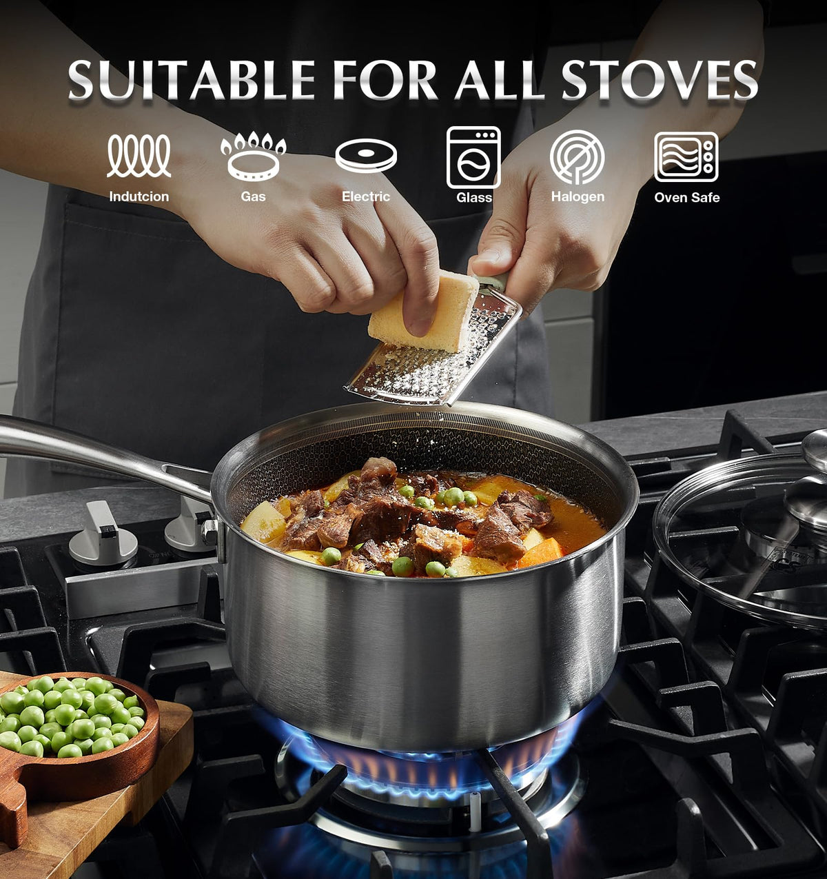 KOCH SYSTEME CS induction-ready saucepan on a gas stove.