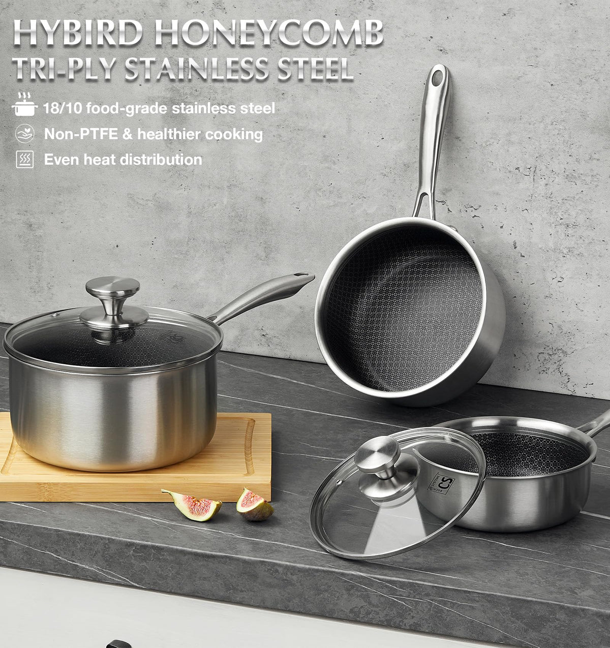 KOCH SYSTEME CS pans on stove demonstrating steady heat.