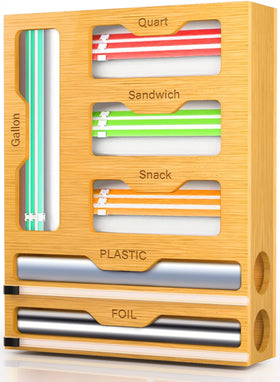 KOCWELL 6-in-1 bamboo bag organizer in a drawer for tidy storage.