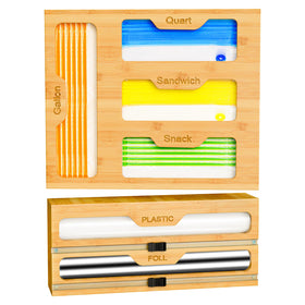 KOCWELL bamboo bag storage organizer with 2-wrap dispenser keeps drawers tidy and accessible.