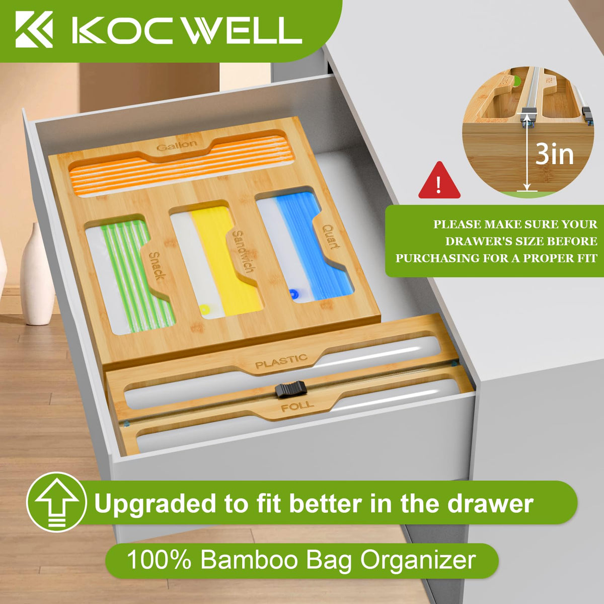 KOCWELL bamboo bag storage organizer shows four containers for sandwich to gallon bags.