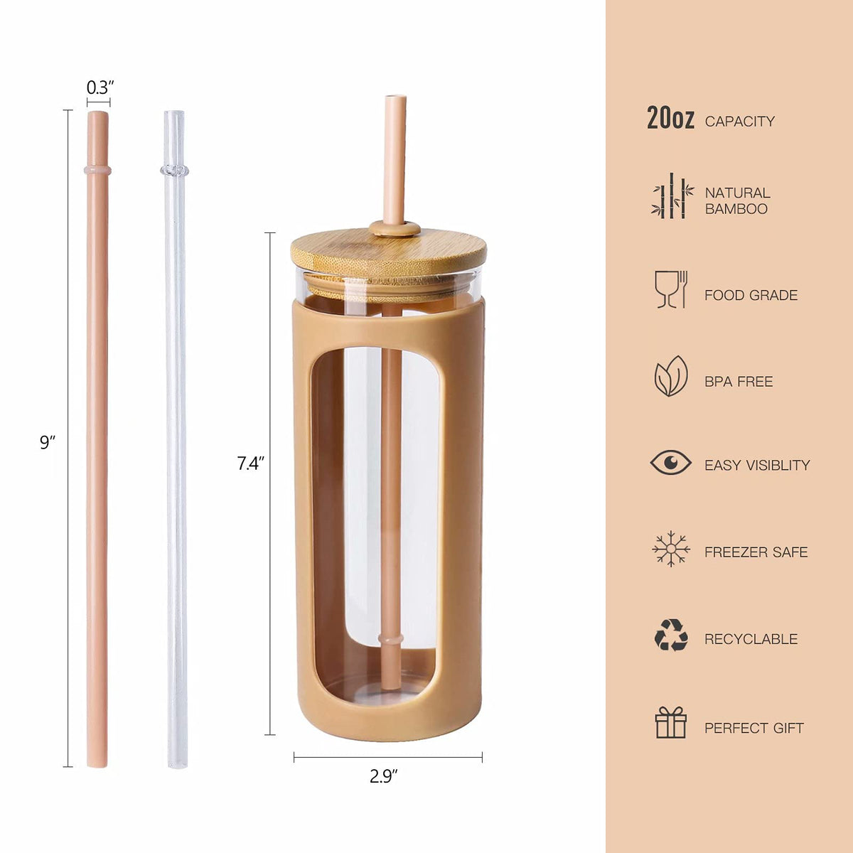 Kodrine bamboo lid on glass tumbler provides a secure seal and tidy transport.