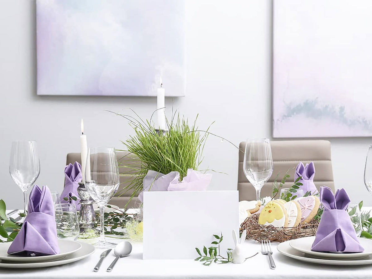 KOFFOTA Lavender napkins on Easter table bring soft color and charm.