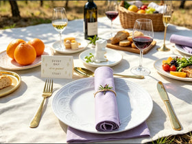 KOFFOTA Lavender napkins stacked with cutlery for formal event styling.