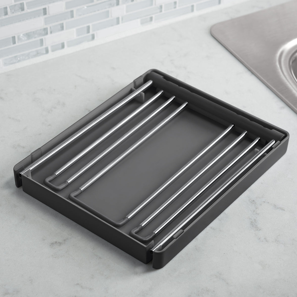 Kohler K-8628-CHR folding storage in a kitchen for compact storage