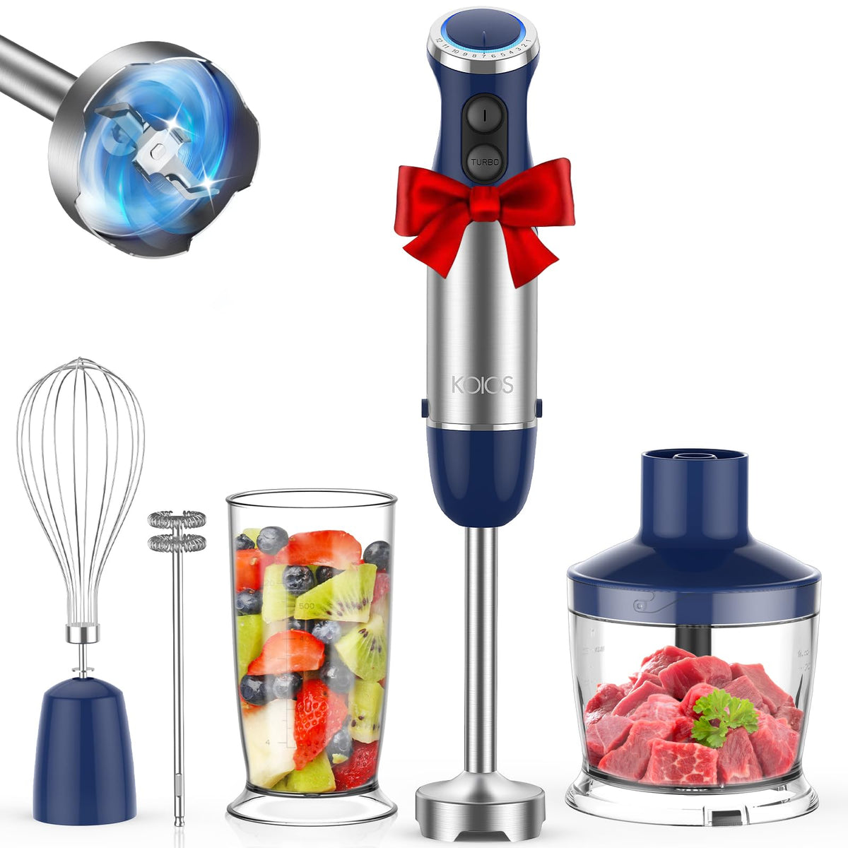 KOIOS 5-in-1 hand immersion blender in action, compact and versatile for soups and sauces.