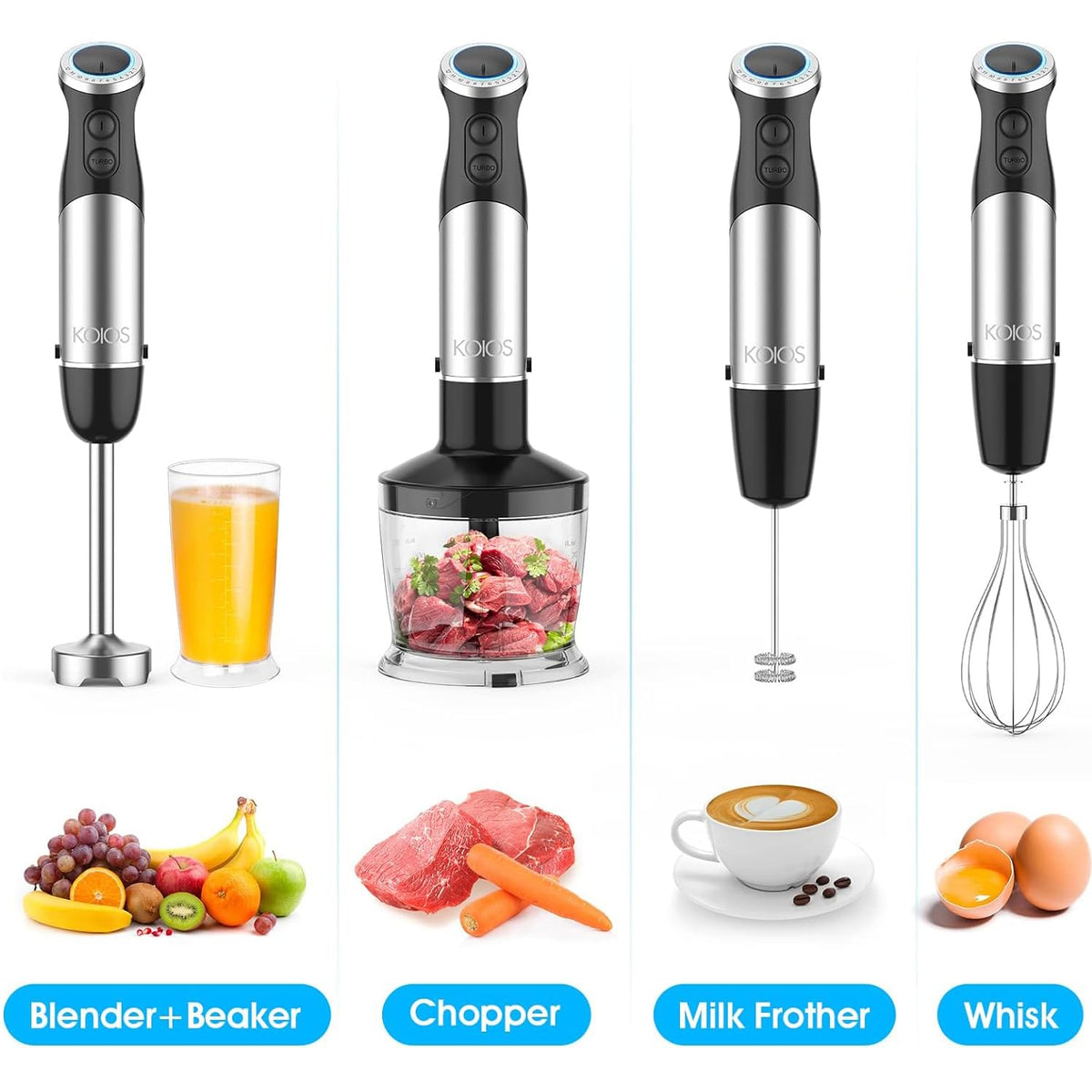 KOIOS 5-in-1 attachments including chopper bowl and beaker for all-in-one prep.