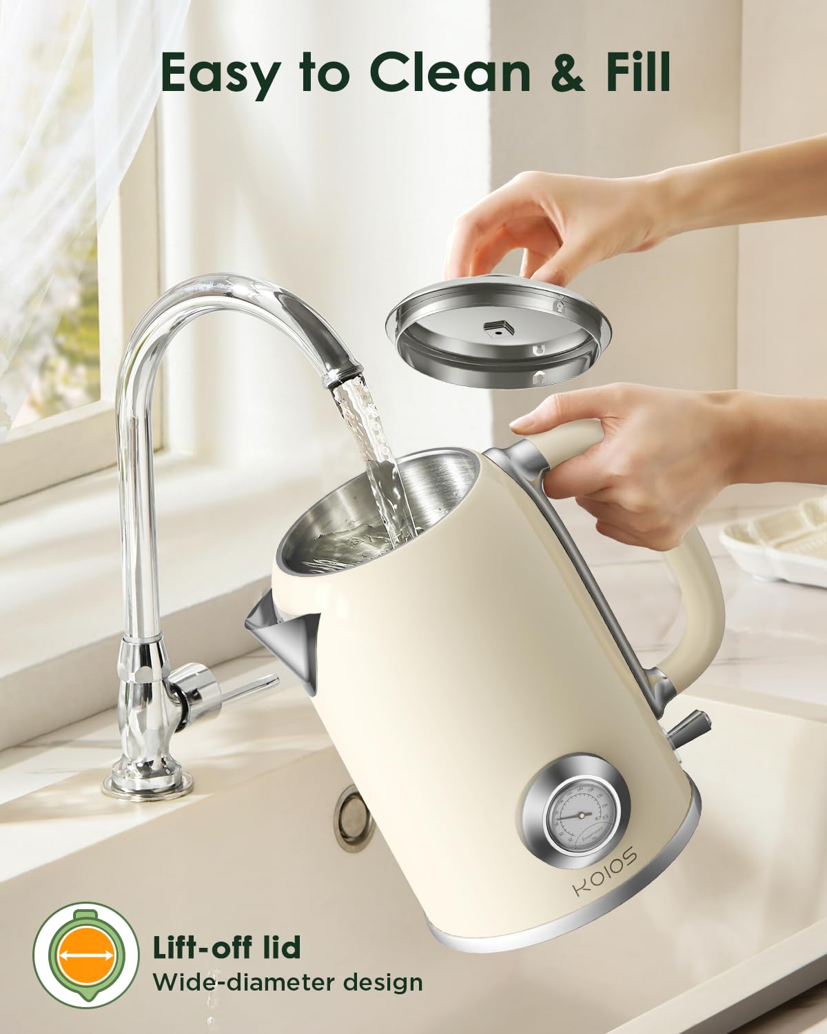 KOIOS 1.8L capacity supports tea, coffee, or hot water.