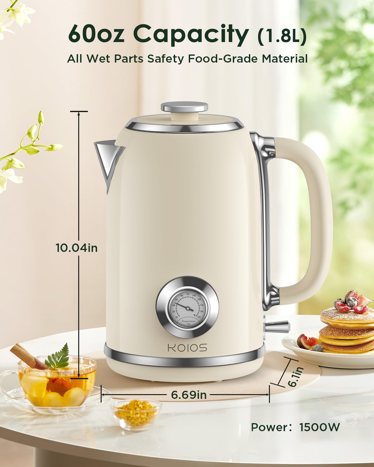 KOIOS kettle with glowing LED indicator showing boil status.