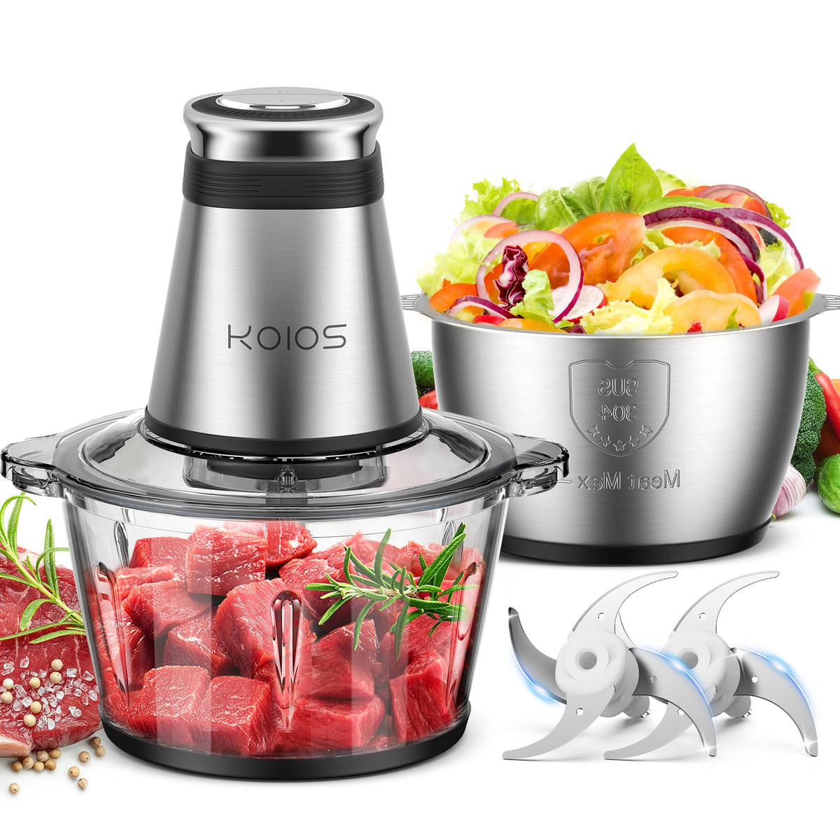 KOIOS food processor quickly chops vegetables for weeknight meals.