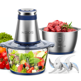 KOIOS food processor blue front view showing dual bowls for multitasking.