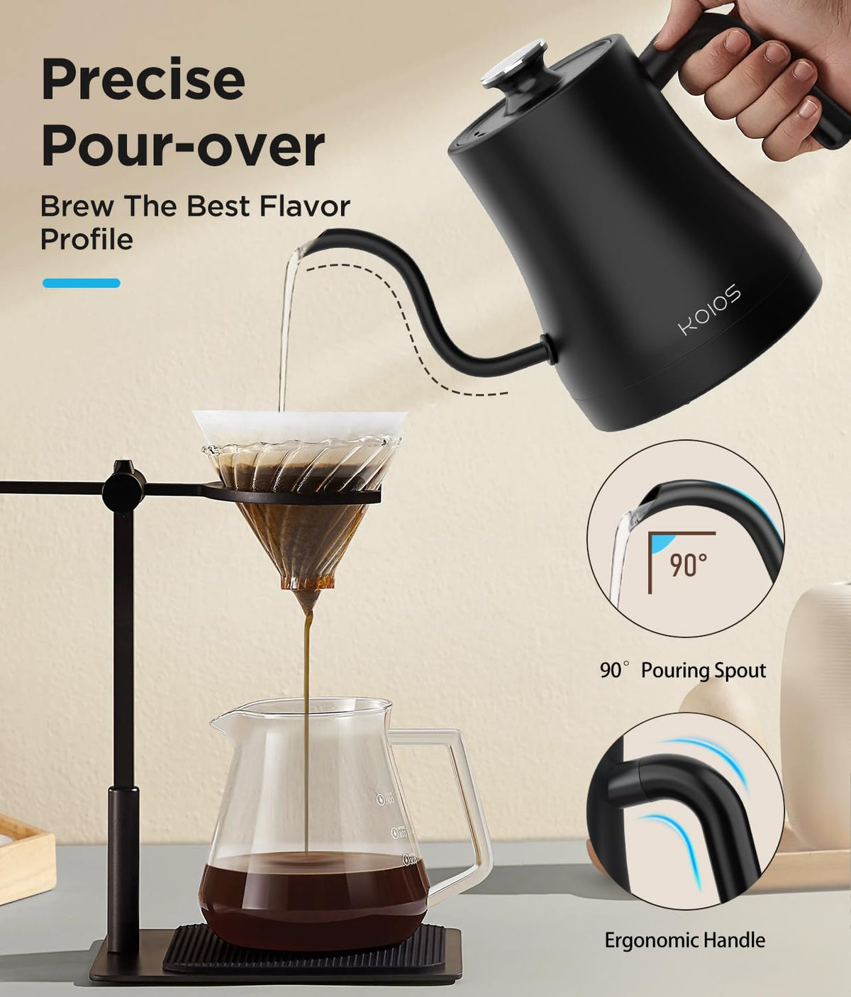 KOIOS gooseneck kettle compact base keeps cord tidy and makes setup simple