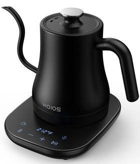 KOIOS gooseneck kettle front view highlights sleek stainless body for precise pour-over brewing