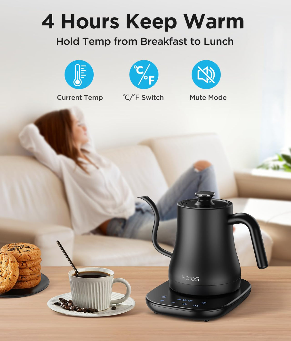 KOIOS gooseneck kettle LCD display shows temperature and status for confident brewing