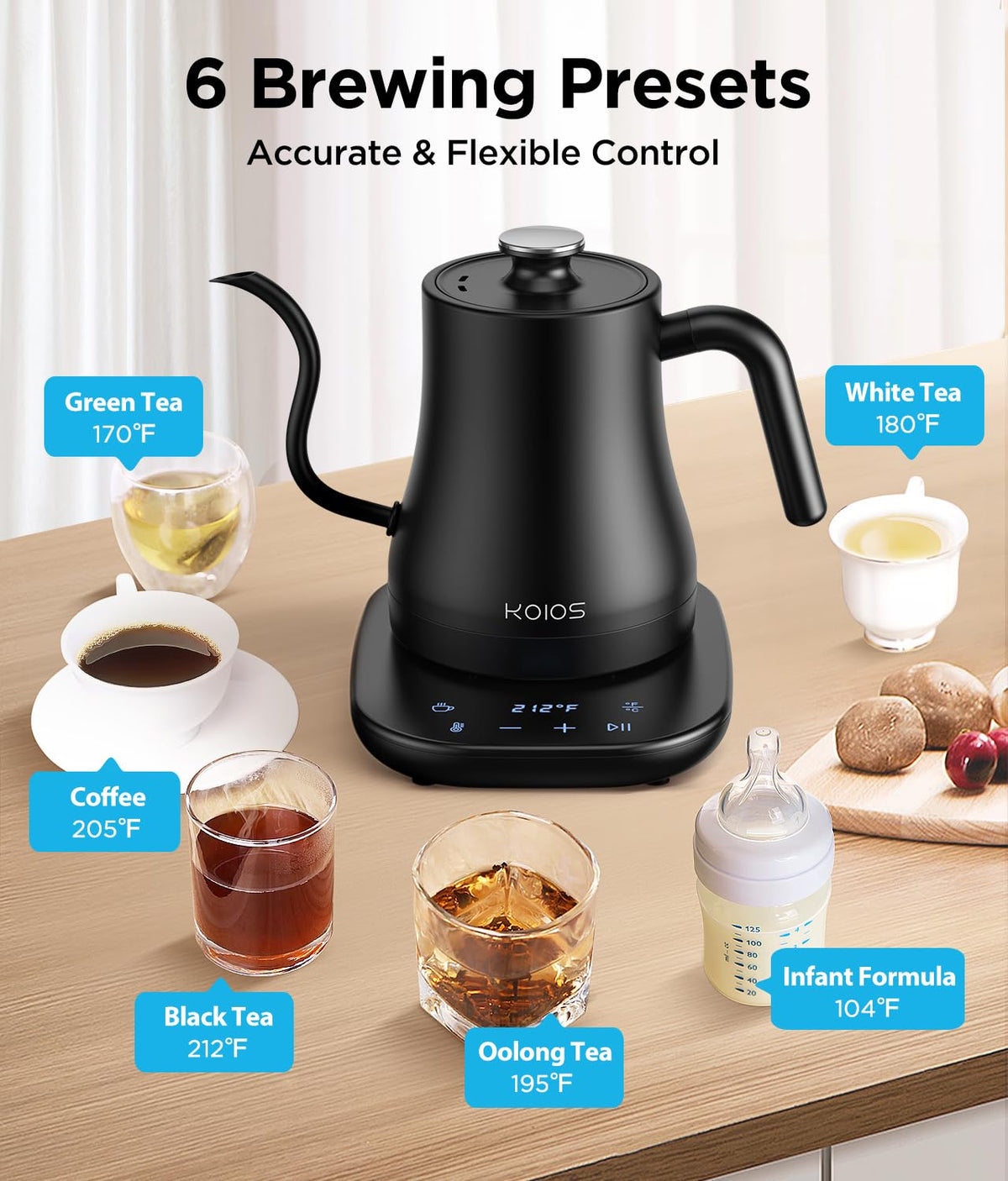 KOIOS gooseneck kettle spout pour demonstrates controlled flow for manual drip
