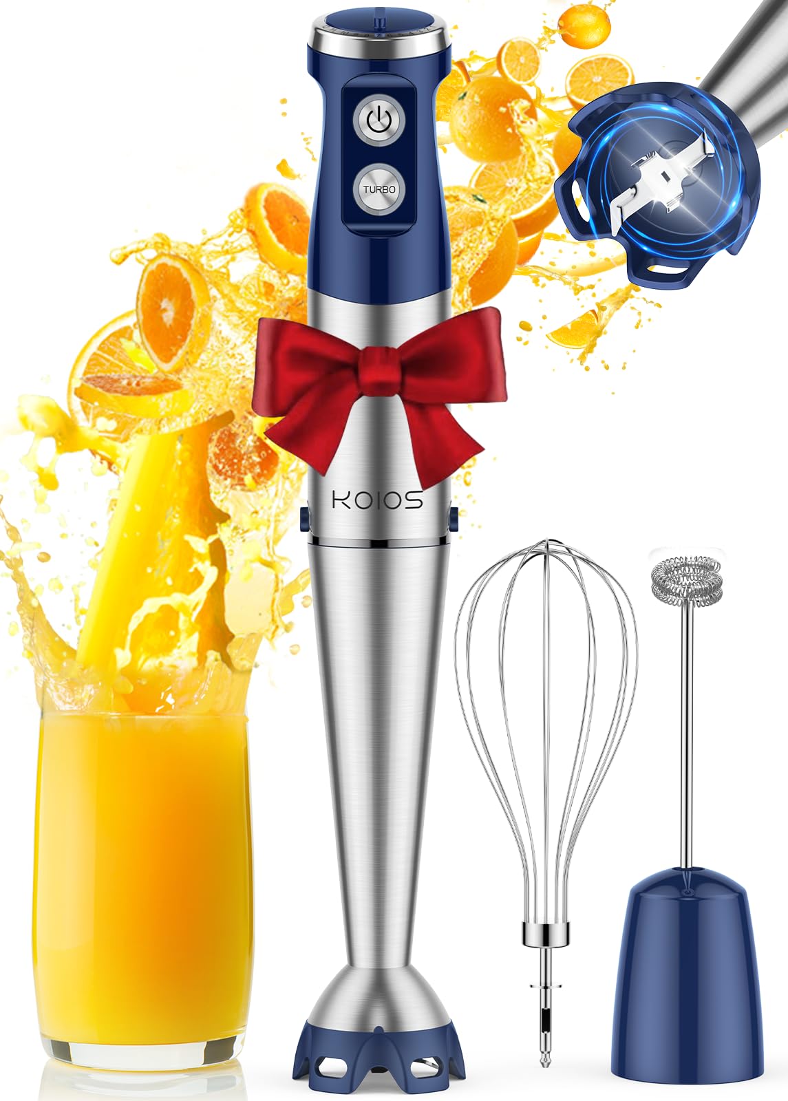 KOIOS immersion blender with 1000W motor for quick, silky blends.