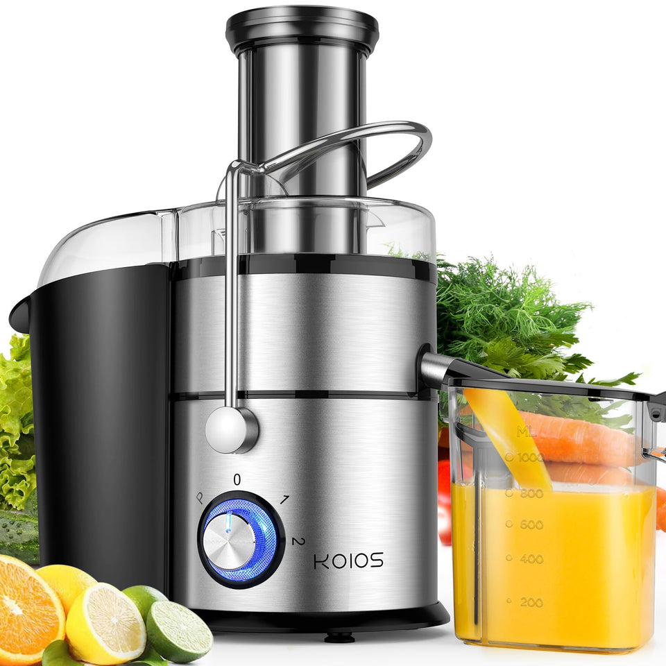 KOIOS 1300W juicer close-up showing copper motor for powerful extraction.
