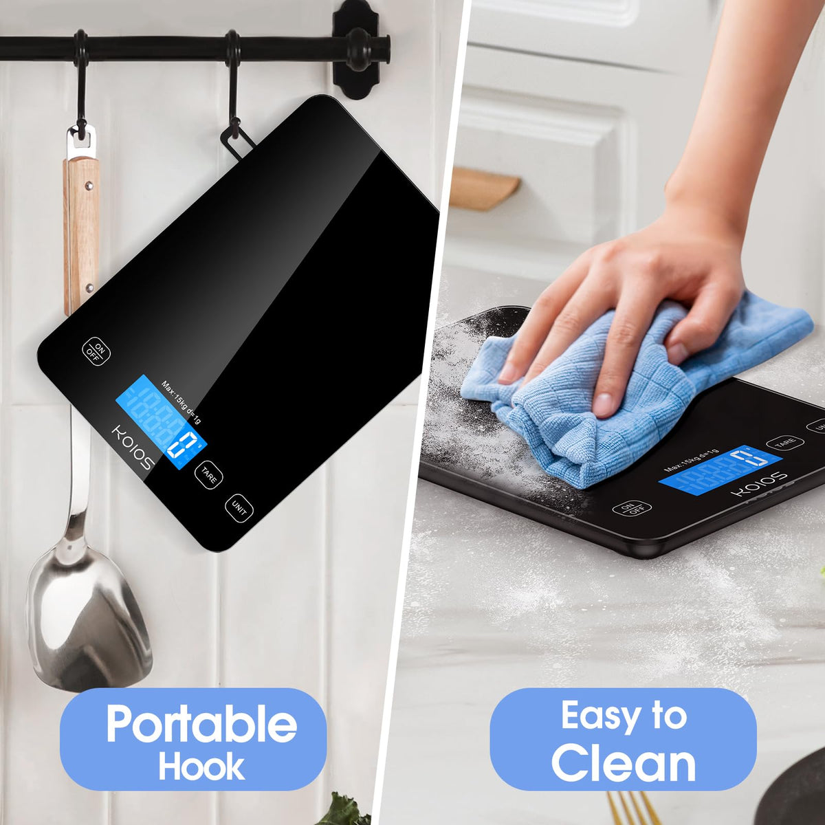 KOIOS K7H compact kitchen scale fits in small spaces for easy weighing
