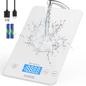 KOIOS kitchen scale on counter with clear display for precise cooking measurements.