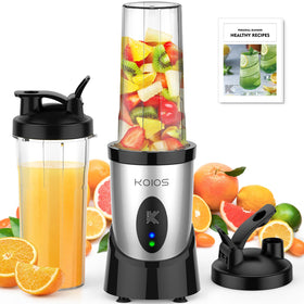 KOIOS Smoothie Blender with 900W motor blends ice quickly for smooth shakes.