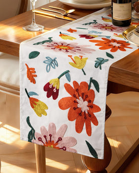 Kokaaee canvas embroidered table runner with floral design protects surface and adds color