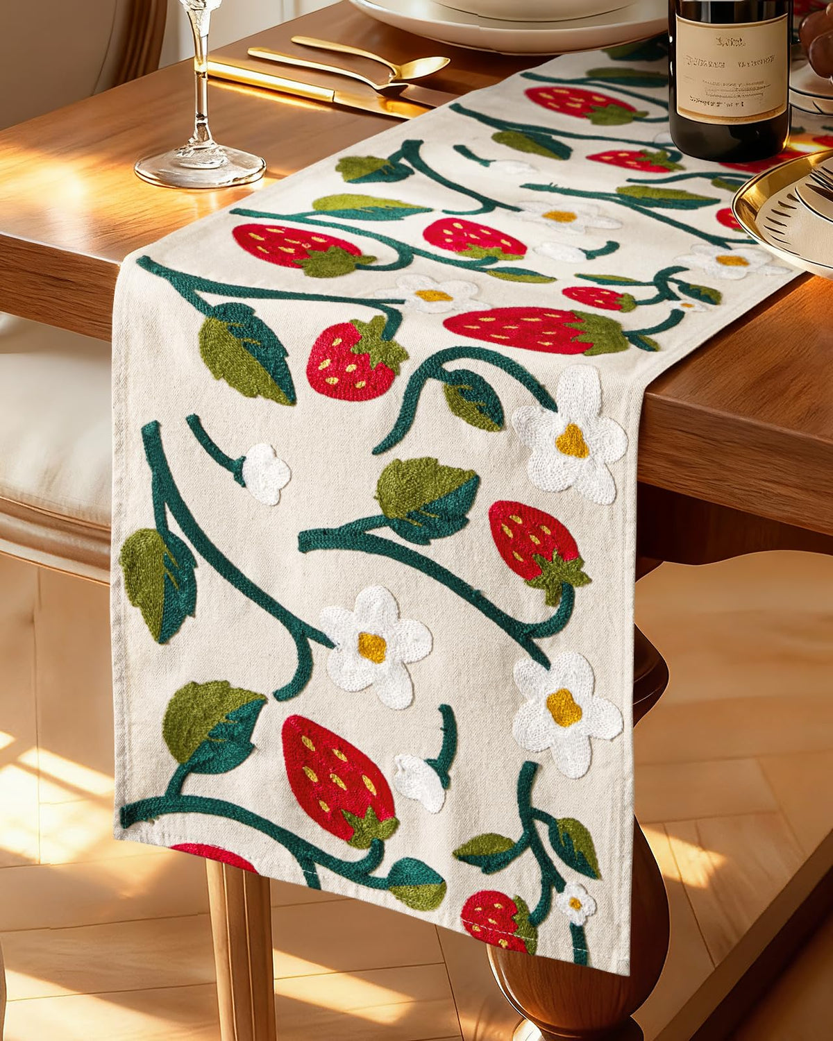 Kokaaee canvas embroidered table runner strawberry close-up showcases delicate texture and sheen
