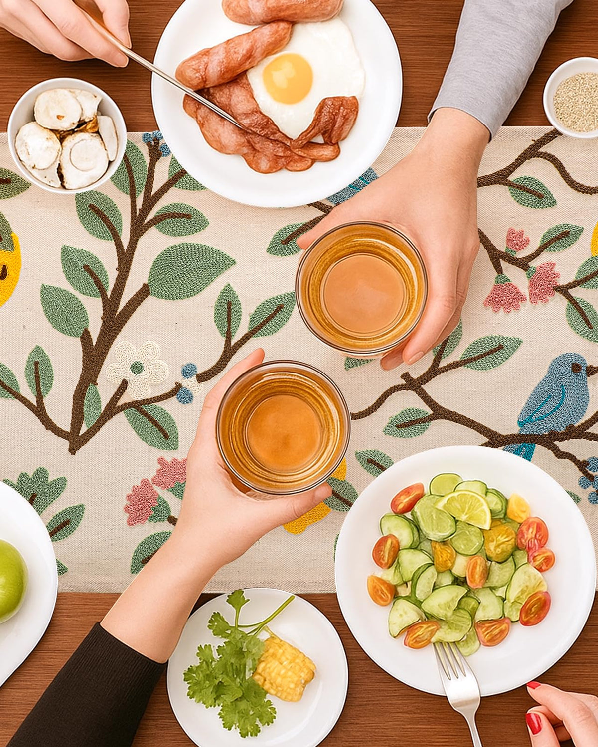 Kokaaee table runner on a dining table demonstrates ideal size for 4–6 guests.