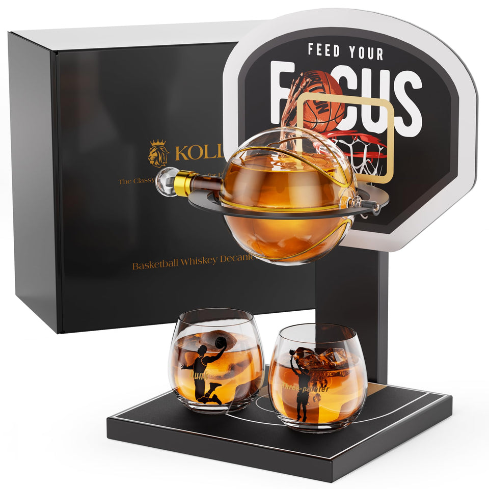 Kollea basketball decanter on court-stand elevates home bar aesthetics for game-night entertaining.