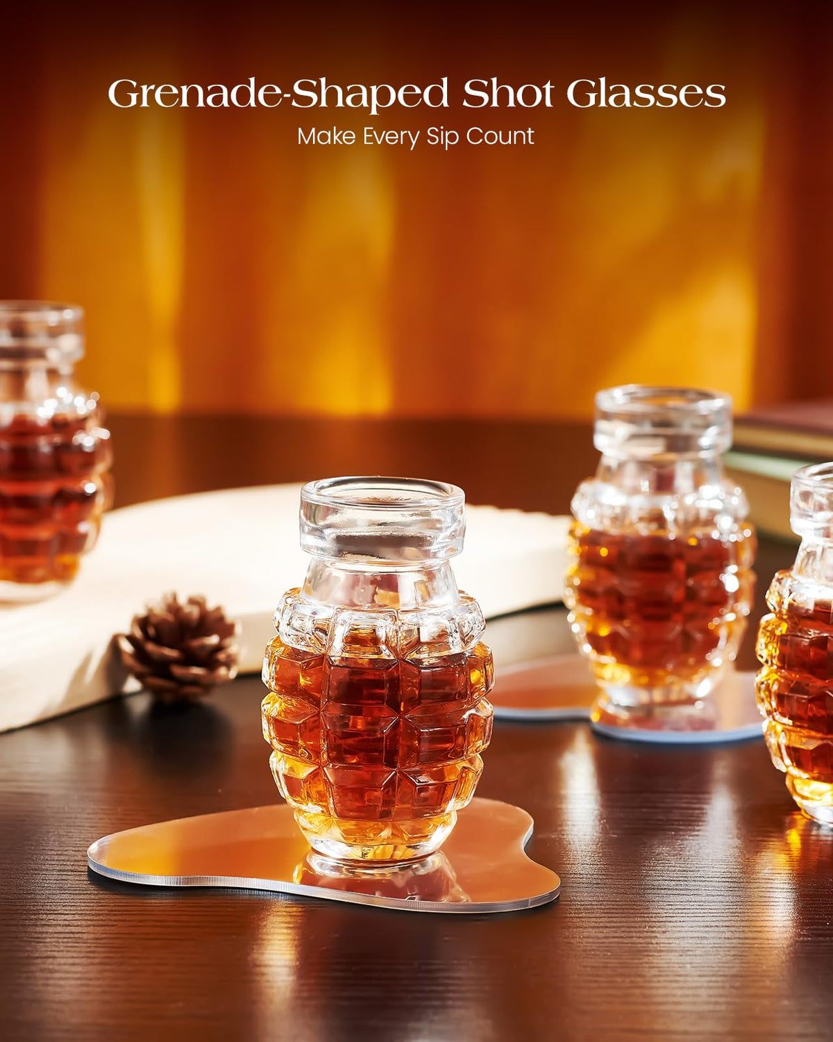 Kollea grenade shot glasses made of lead-free crystal for clear pours.