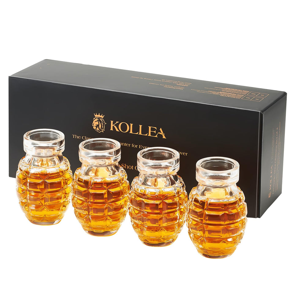 Kollea grenade shot glasses with textured surface for dramatic presentation.