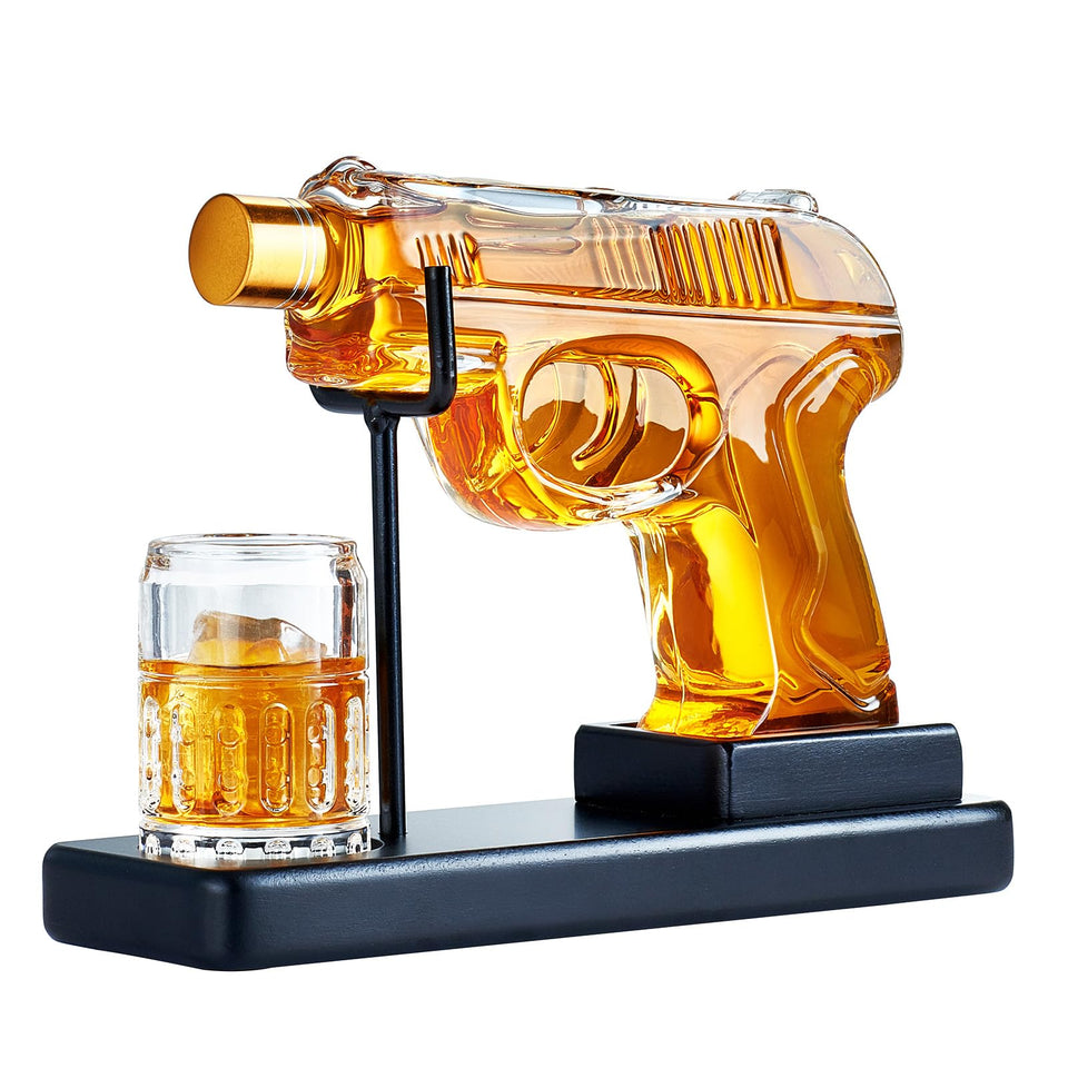 Kollea gun whiskey decanter ensemble for an elegant home bar display.