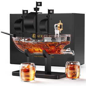 Kollea pirate ship decanter set on a stylish home bar for entertaining.