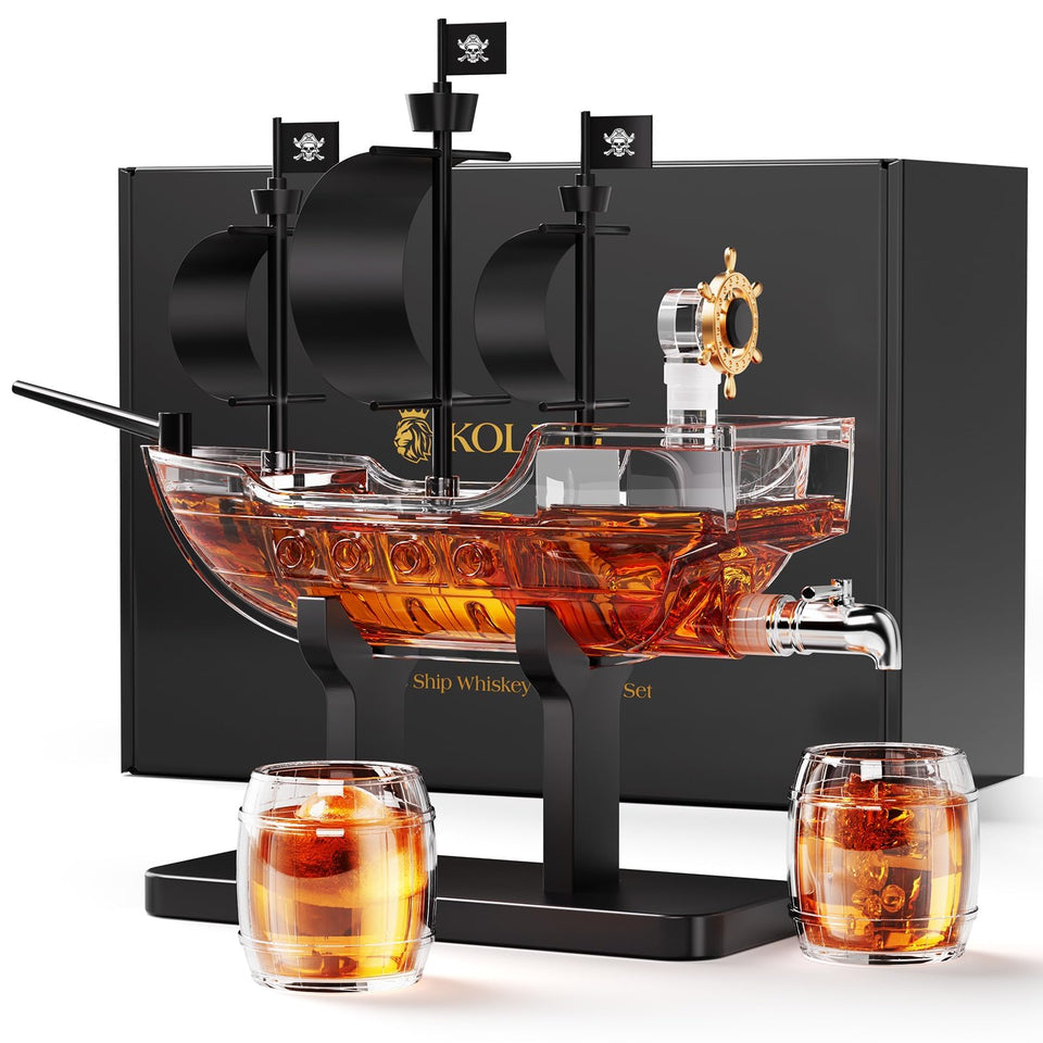 Kollea pirate ship decanter set on a stylish home bar for entertaining.