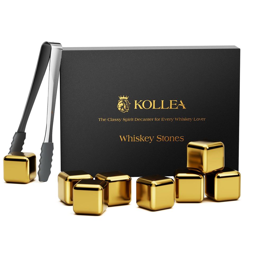Kollea whiskey stones 8-pack with golden stainless steel cubes for fast, non-dilutive chilling.