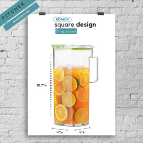 Clear Tritan material of Komax pitcher, BPA-free and dishwasher-safe construction.