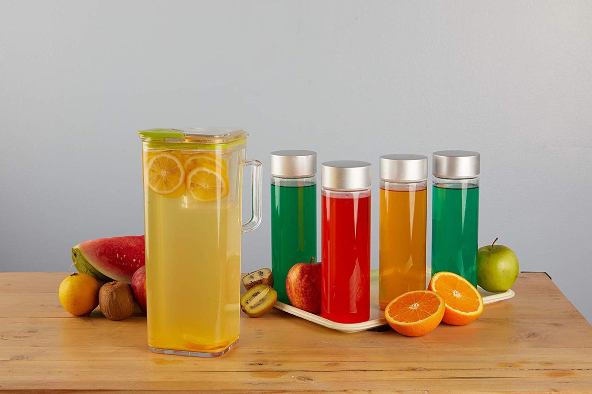 Compact square Komax pitcher design that fits fridge doors for large batches.