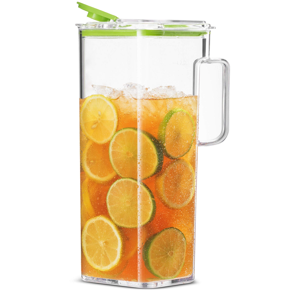 Komax large plastic pitcher with square lid, front view, space-saving fridge storage.