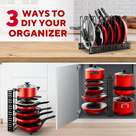KOMFORA adjustable pan divider demonstrates an 8-slot lid layout for easy lid storage.