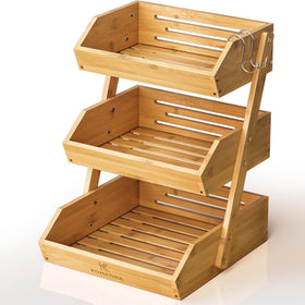 KOMFORA bamboo fruit basket 3-tier assembled demonstrates compact counter storage and airflow.