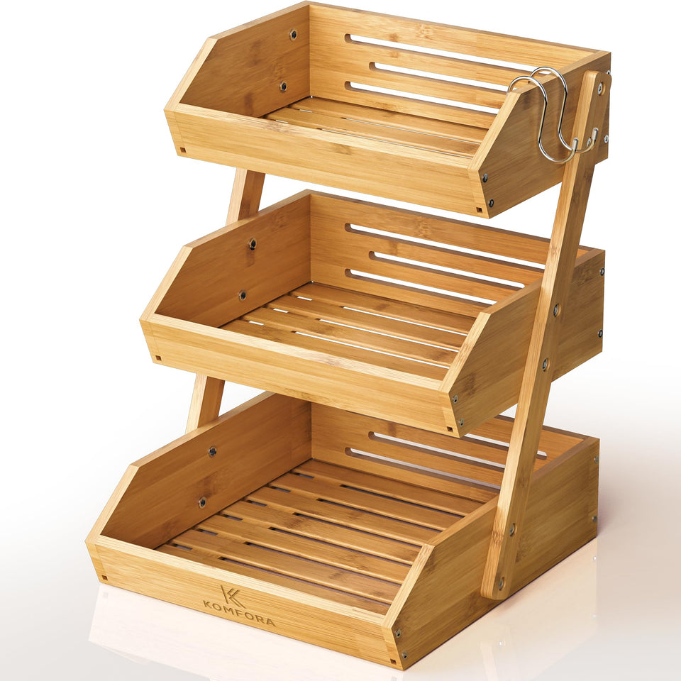 KOMFORA bamboo fruit basket 3-tier assembled demonstrates compact counter storage and airflow.