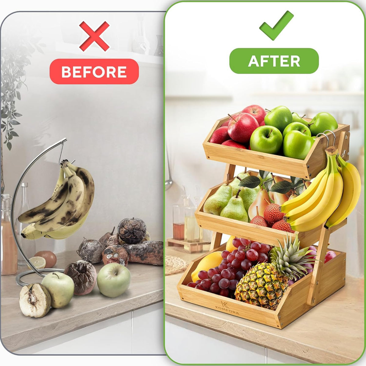 KOMFORA bamboo fruit basket 3-tier close-up shows natural bamboo texture and durability.
