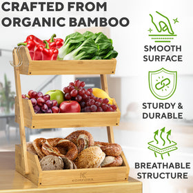 KOMFORA bamboo fruit basket 3-tier with banana hooks demonstrates versatile hanging.