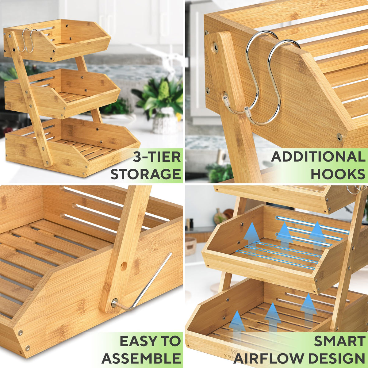 KOMFORA bamboo fruit basket 3-tier on countertop for easy access and display.
