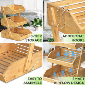 KOMFORA bamboo fruit basket 3-tier on countertop for easy access and display.