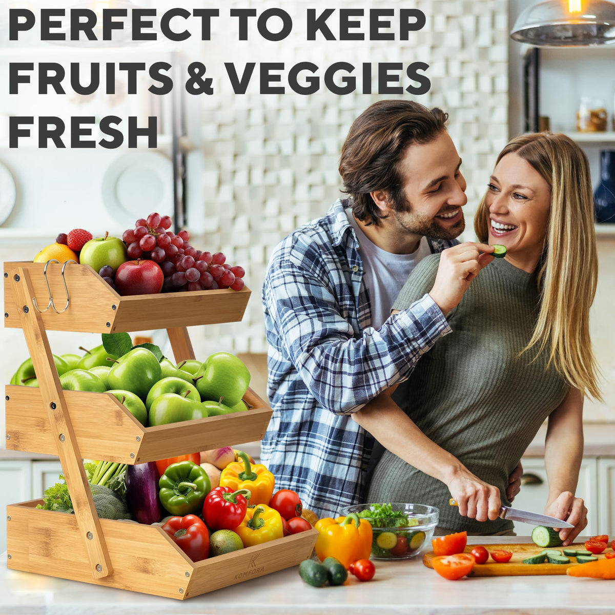 KOMFORA bamboo fruit basket 3-tier with hangers highlights convenient banana and towel hanging.