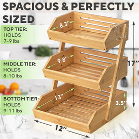 KOMFORA bamboo fruit basket 3-tier with non-slip pads protects countertops.